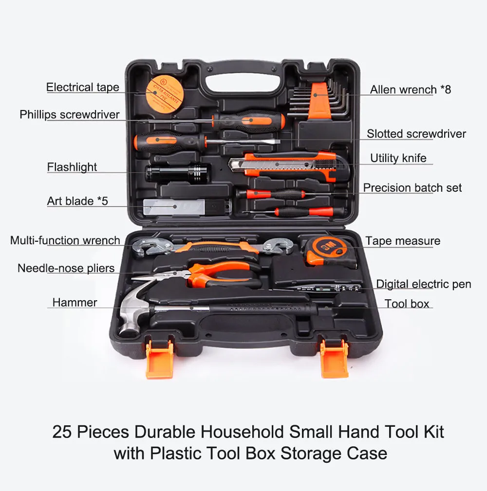 25Pcs Household Hand Tools Set | Kit Box with Hard Storage Case, Home Supplies