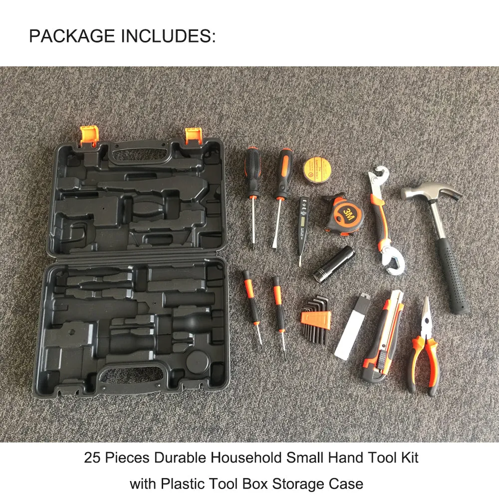25Pcs Household Hand Tools Set | Kit Box with Hard Storage Case, Home Supplies
