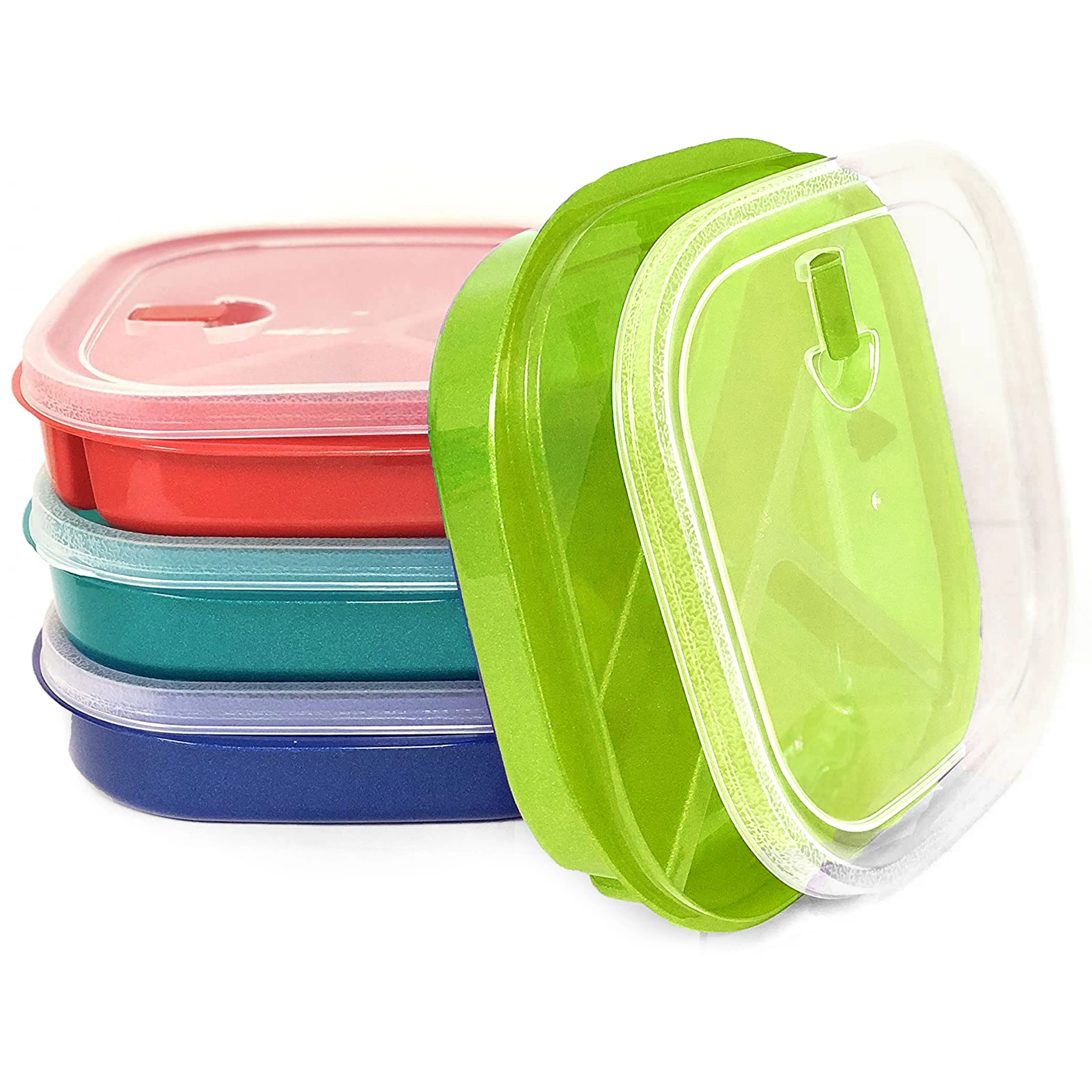 4 Square Divided Plates w Lids Meal Prep Lunch Food Storage Containers BPA-Free