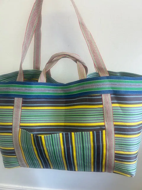 Beach bag, XL size, colourful striped weekender bag, tote, shopper, recycled nylon.