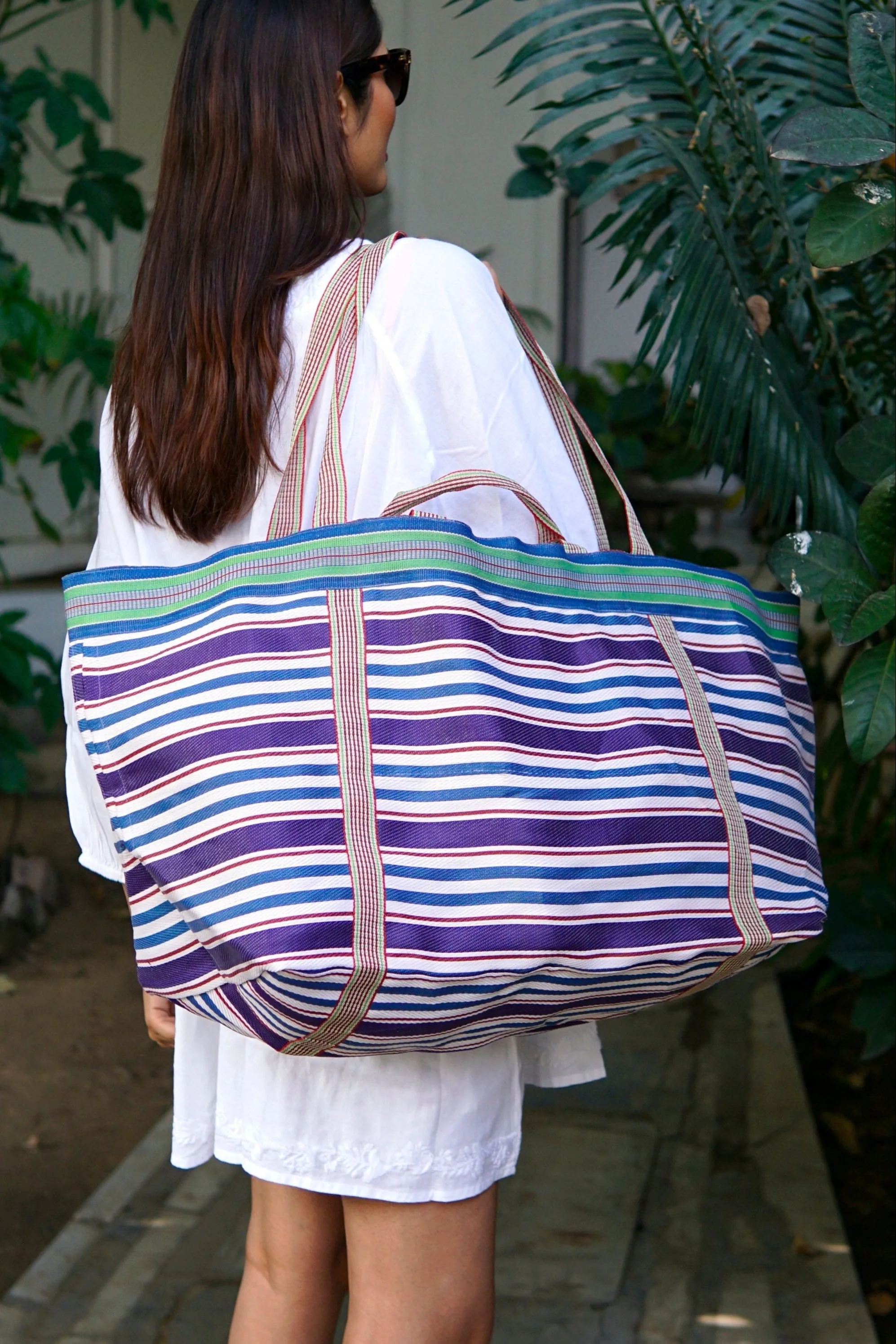 Beach bag, XL size, colourful striped weekender bag, tote, shopper, recycled nylon.
