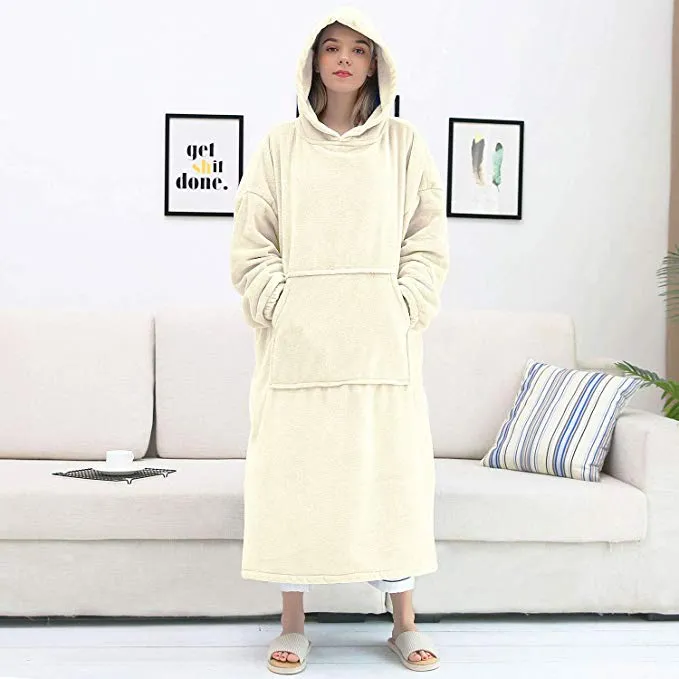 His-and-Hers Sleeves-Cute Long Flannel Plush Wearable Hooded Blanket