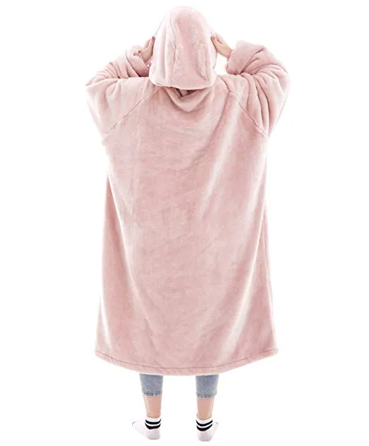 His-and-Hers Sleeves-Cute Long Flannel Plush Wearable Hooded Blanket