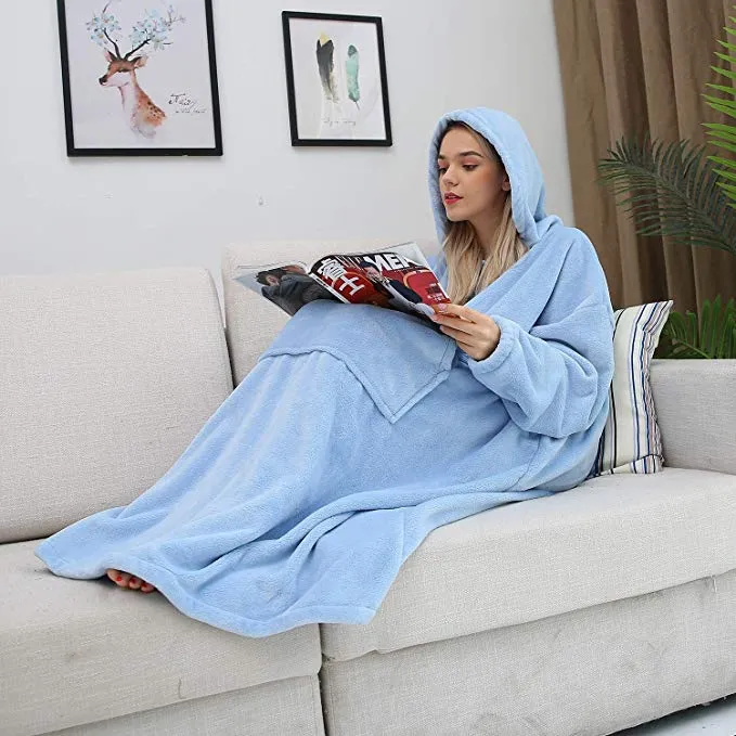 His-and-Hers Sleeves-Cute Long Flannel Plush Wearable Hooded Blanket