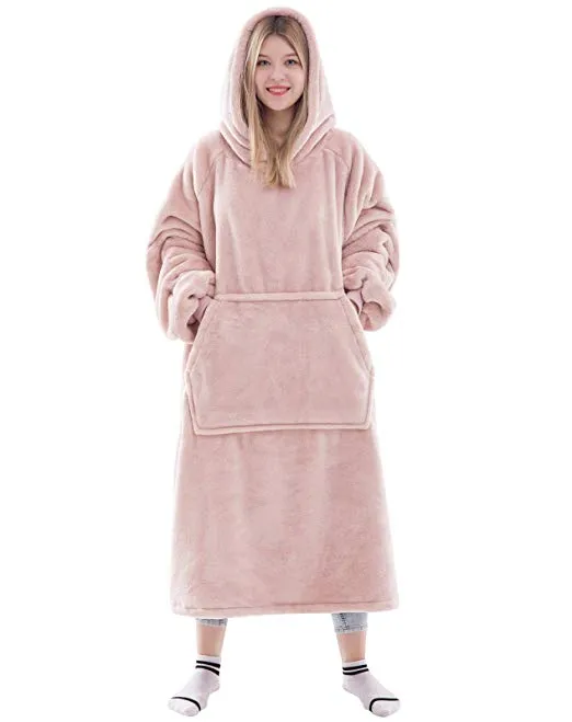 His-and-Hers Sleeves-Cute Long Flannel Plush Wearable Hooded Blanket