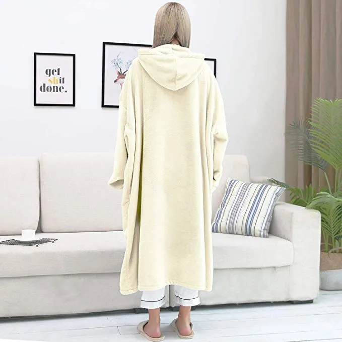 His-and-Hers Sleeves-Cute Long Flannel Plush Wearable Hooded Blanket