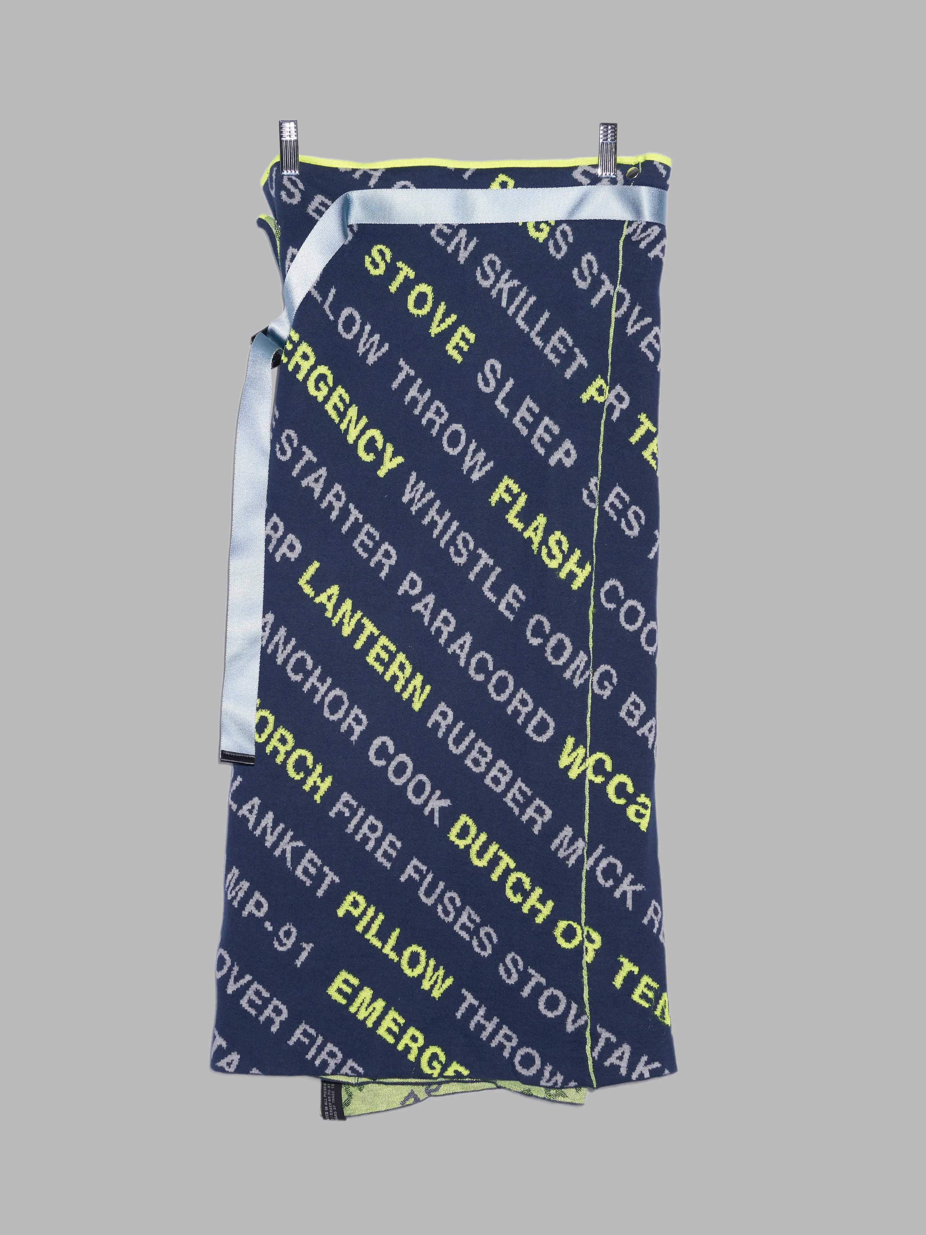 Zucca navy wrap skirt or blanket with text of camping equipment - M